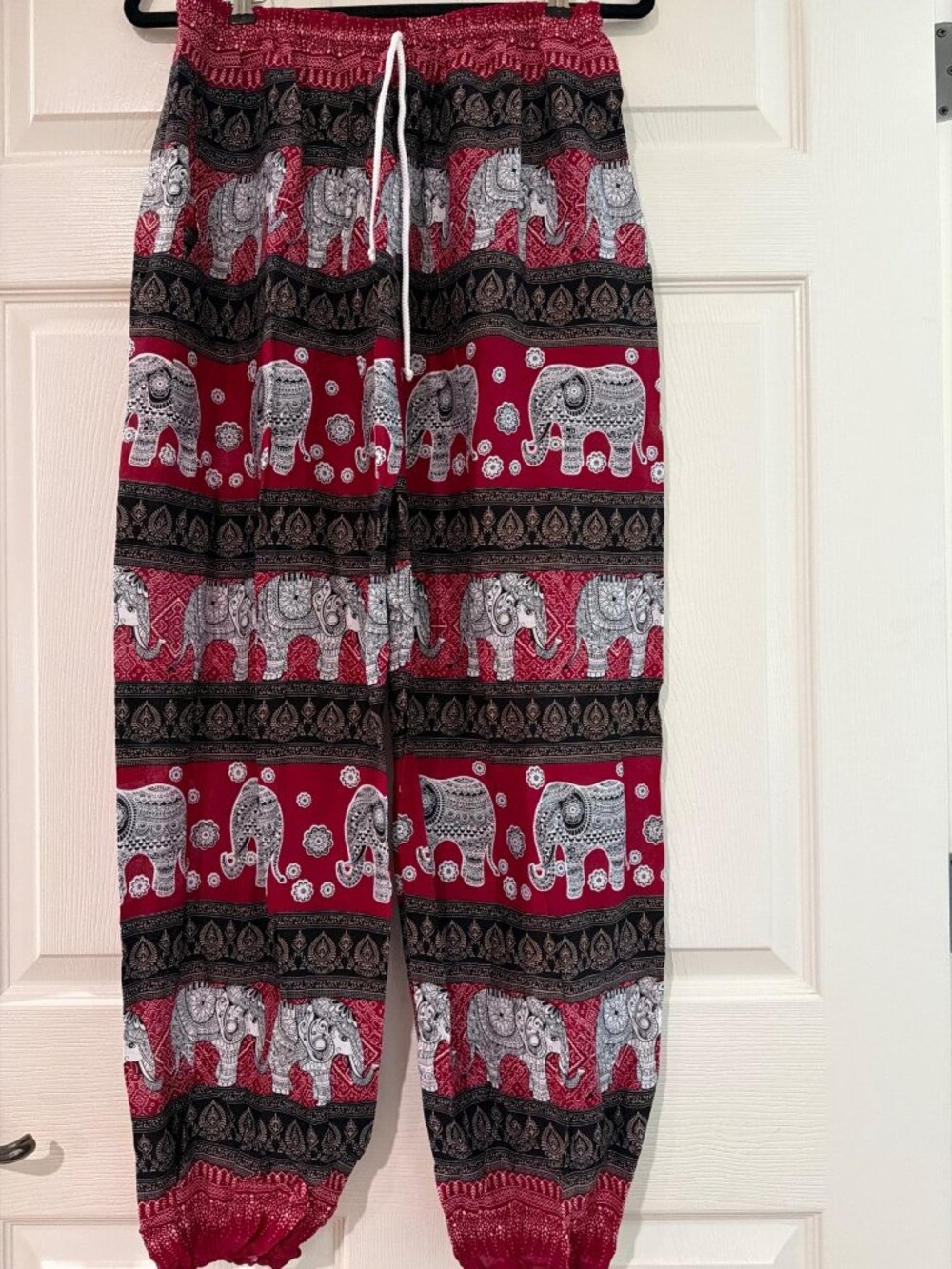 Boho Elephant Print Harem Pants With Elastic Waist & Ankles Red & Black Lightwei
